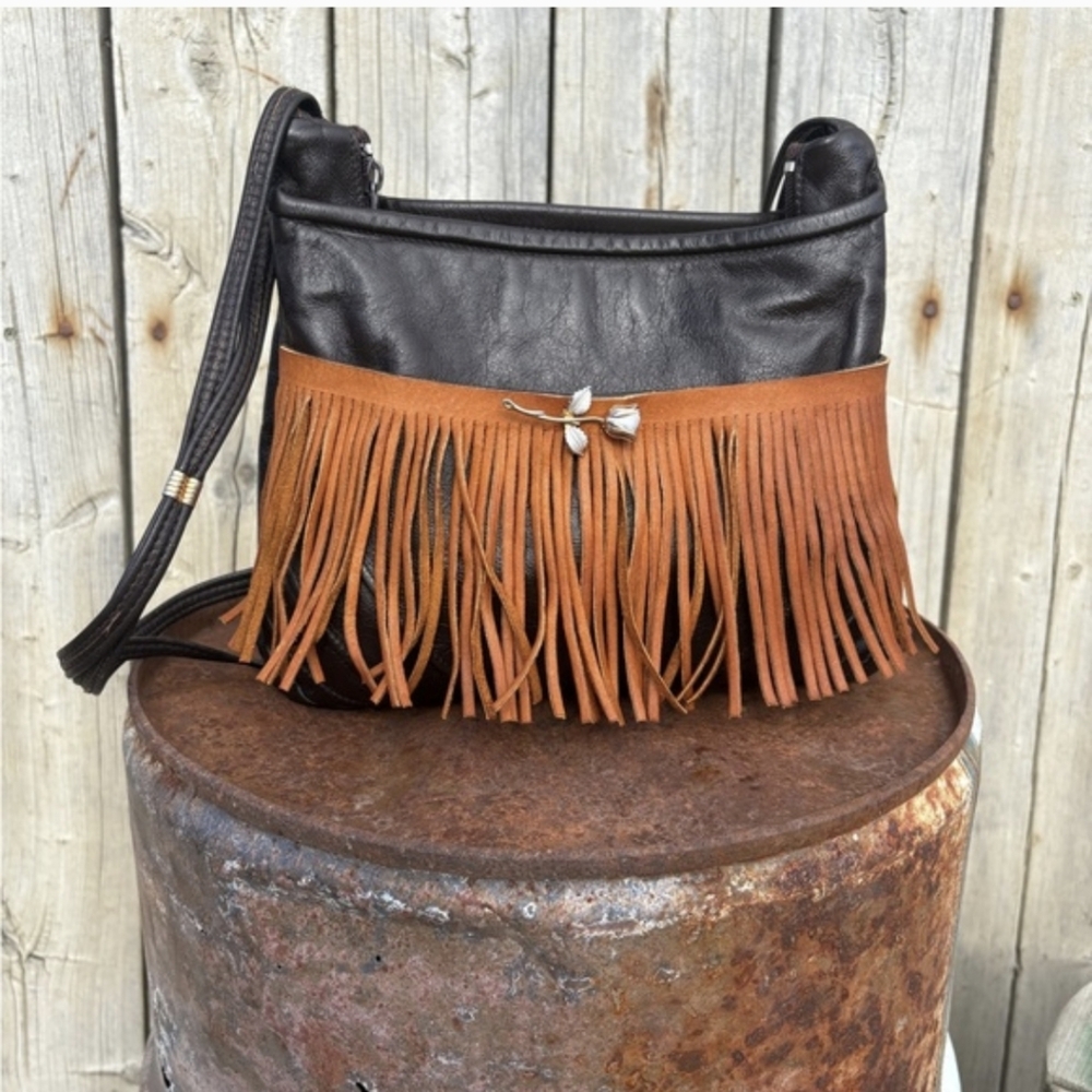 Refashioned Fringe Leather Shoulder Bag with Vintage Rose Brooch